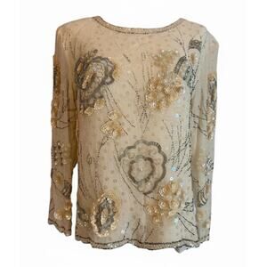 Vtg‎ Courtenay Beaded Silk Top Womens M Sequin NYE Event Old Money Luxury Glam